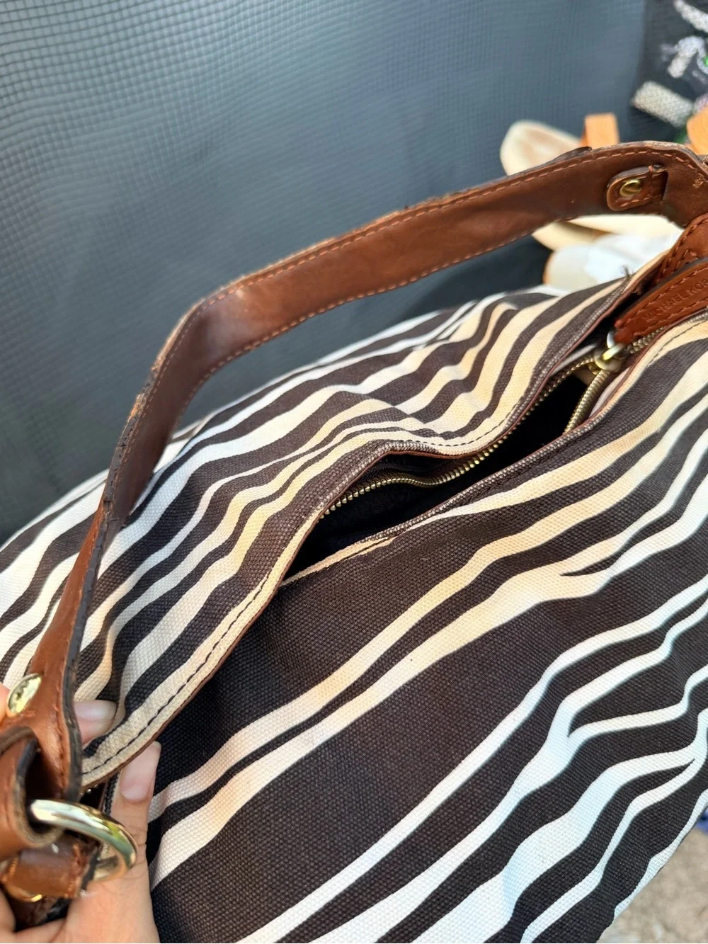 Michael Kors Zebra Design Canvas Leather Trim Tote Bag Purse Handbag